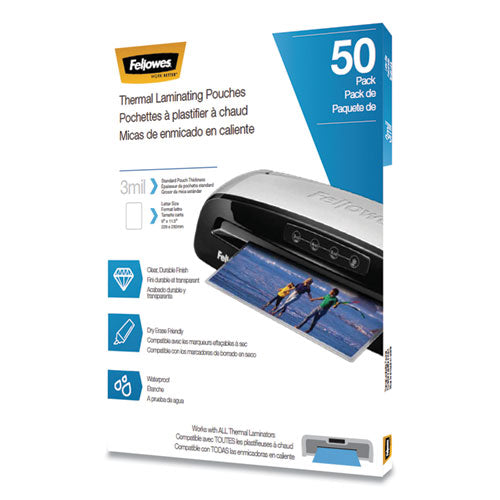 Fellowes® wholesale. Thermal Laminating Pouches, 3 Mil, 9" X 11.5", Matte Clear, 50-pack. HSD Wholesale: Janitorial Supplies, Breakroom Supplies, Office Supplies.
