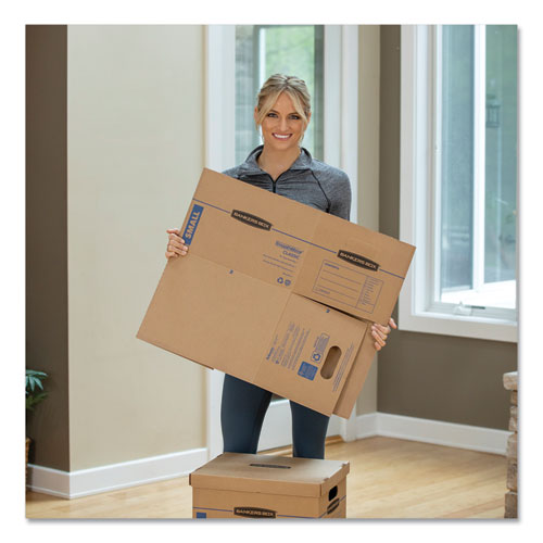 Bankers Box® wholesale. Smoothmove Classic Moving And Storage Boxes, Small, Half Slotted Container (hsc), 15 X 12 X 10, Brown Kraft-blue, 10-carton. HSD Wholesale: Janitorial Supplies, Breakroom Supplies, Office Supplies.