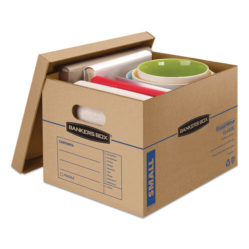Bankers Box® wholesale. Smoothmove Classic Moving-storage Boxes, Small, Half Slotted Container (hsc), 15" X 12" X 10", Brown Kraft-blue, 20-carton. HSD Wholesale: Janitorial Supplies, Breakroom Supplies, Office Supplies.