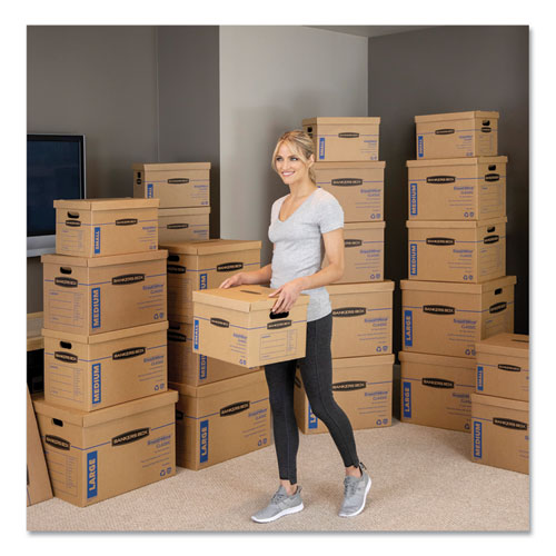 Bankers Box® wholesale. Smoothmove Classic Moving-storage Boxes, Medium, Half Slotted Container (hsc), 18" X 15" X 14", Brown Kraft-blue, 8-carton. HSD Wholesale: Janitorial Supplies, Breakroom Supplies, Office Supplies.