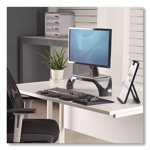 Fellowes® wholesale. Smart Suites Corner Monitor Riser, For 21" Monitors, 18.5" X 12.5" X 3.88" To 5.13", Black-clear Frost, Supports 40 Lbs. HSD Wholesale: Janitorial Supplies, Breakroom Supplies, Office Supplies.