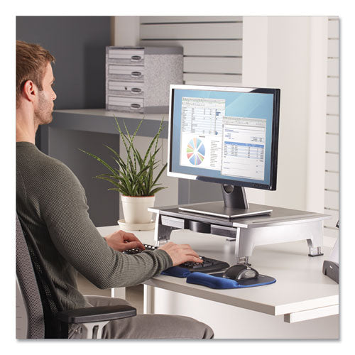 Fellowes® wholesale. Office Suites Standard Monitor Riser, For 21" Monitors, 19.78" X 14.06" X 4" To 6.5", Black-silver, Supports 80 Lbs. HSD Wholesale: Janitorial Supplies, Breakroom Supplies, Office Supplies.