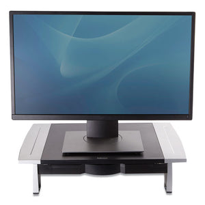 Fellowes® wholesale. Office Suites Standard Monitor Riser, For 21" Monitors, 19.78" X 14.06" X 4" To 6.5", Black-silver, Supports 80 Lbs. HSD Wholesale: Janitorial Supplies, Breakroom Supplies, Office Supplies.