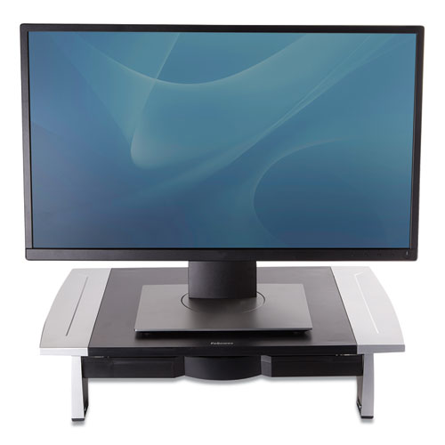 Fellowes® wholesale. Office Suites Standard Monitor Riser, For 21" Monitors, 19.78" X 14.06" X 4" To 6.5", Black-silver, Supports 80 Lbs. HSD Wholesale: Janitorial Supplies, Breakroom Supplies, Office Supplies.
