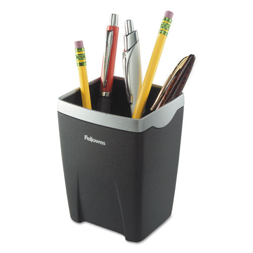 Fellowes® wholesale. Office Suites Divided Pencil Cup, Plastic, 3 1-16 X 3 1-16 X 4 1-4, Black-silver. HSD Wholesale: Janitorial Supplies, Breakroom Supplies, Office Supplies.