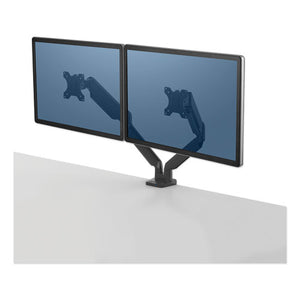 Fellowes® wholesale. Platinum Series Dual Monitor Arm For 27" Monitors, 360 Deg Rotation, +85 Deg--20 Deg Tilt, 360 Deg Pan, Black, Supports 20 Lb. HSD Wholesale: Janitorial Supplies, Breakroom Supplies, Office Supplies.