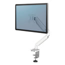 Fellowes® wholesale. Platinum Series Single Monitor Arm, For 27" Monitors, 360 Deg Rotation, 45 Deg Tilt, 180 Deg Pan, White, Supports 20 Lb. HSD Wholesale: Janitorial Supplies, Breakroom Supplies, Office Supplies.