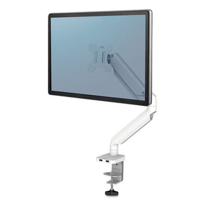 Fellowes® wholesale. Platinum Series Single Monitor Arm, For 27" Monitors, 360 Deg Rotation, 45 Deg Tilt, 180 Deg Pan, White, Supports 20 Lb. HSD Wholesale: Janitorial Supplies, Breakroom Supplies, Office Supplies.