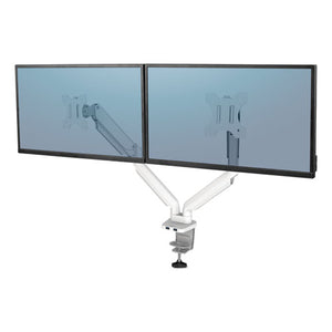 Fellowes® wholesale. Platinum Series Dual Monitor Arm, For 27" Monitors, 360 Deg Rotation, 45 Deg Tilt, 180 Deg Pan, White, Supports 20 Lb. HSD Wholesale: Janitorial Supplies, Breakroom Supplies, Office Supplies.