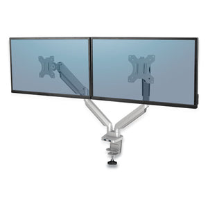 Fellowes® wholesale. Platinum Series Dual Monitor Arm, For 27" Monitors, 360 Deg Rotation, 45 Deg Tilt, 180 Deg Pan, Silver, Supports 20 Lb. HSD Wholesale: Janitorial Supplies, Breakroom Supplies, Office Supplies.