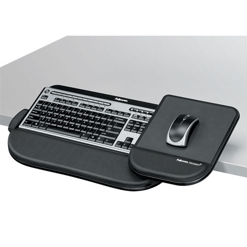 Fellowes® wholesale. Tilt 'n Slide Keyboard Manager With Comfort Glide, 19.5w X 11.5d, Black. HSD Wholesale: Janitorial Supplies, Breakroom Supplies, Office Supplies.