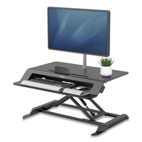 Fellowes® wholesale. Lotus Lt Sit-stand Workstation, 34.38" X 28.38" X 7.62", Black. HSD Wholesale: Janitorial Supplies, Breakroom Supplies, Office Supplies.