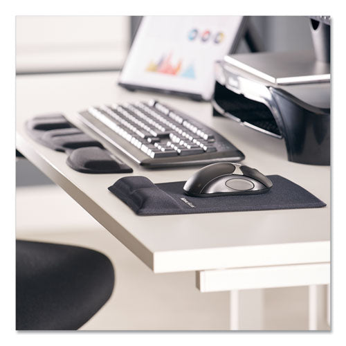 Fellowes® wholesale. Ergonomic Memory Foam Wrist Rest W-attached Mouse Pad, Black. HSD Wholesale: Janitorial Supplies, Breakroom Supplies, Office Supplies.