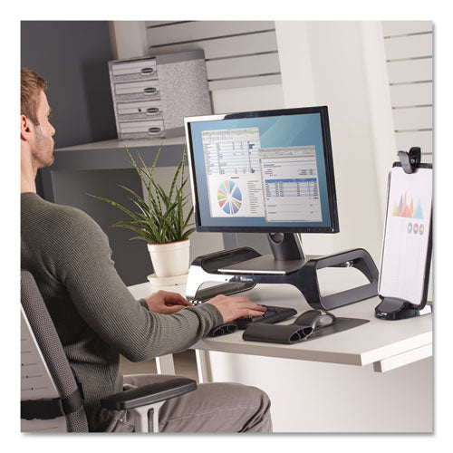 Fellowes® wholesale. I-spire Series Monitor Lift, 20" X 8.88" X 4.88", Black, Supports 25 Lbs. HSD Wholesale: Janitorial Supplies, Breakroom Supplies, Office Supplies.