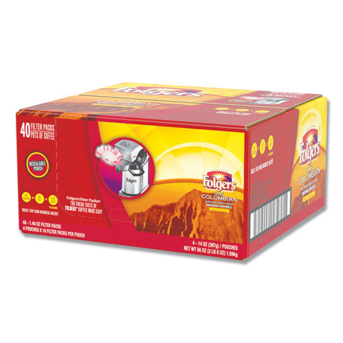 Folgers® wholesale. Coffee Filter Packs, 100% Colombian, 1.4 Oz Pack, 40-carton. HSD Wholesale: Janitorial Supplies, Breakroom Supplies, Office Supplies.