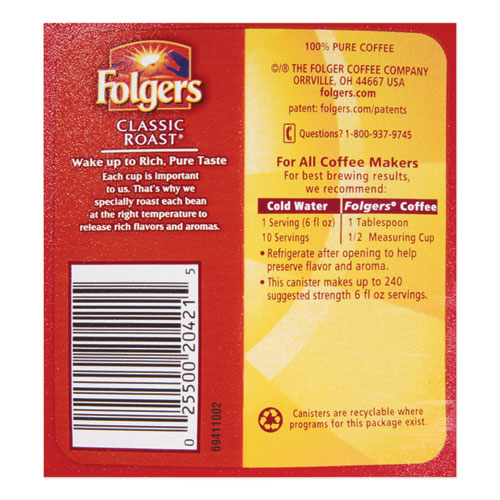 Folgers® wholesale. Coffee, Classic Roast, Ground, 30.5 Oz Canister, 6-carton. HSD Wholesale: Janitorial Supplies, Breakroom Supplies, Office Supplies.