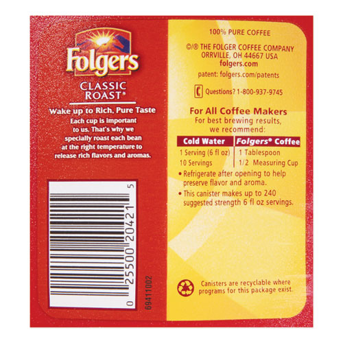 Folgers® wholesale. Coffee, Classic Roast, Ground, 30.5 Oz Canister. HSD Wholesale: Janitorial Supplies, Breakroom Supplies, Office Supplies.