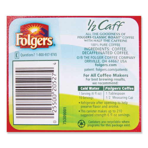 Folgers® wholesale. Coffee, Half Caff, 25.4 Oz Canister. HSD Wholesale: Janitorial Supplies, Breakroom Supplies, Office Supplies.