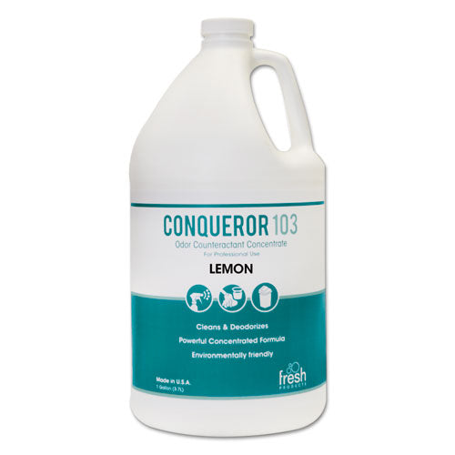 Fresh Products wholesale. Conqueror 103 Odor Counteractant Concentrate, Lemon, 1 Gal Bottle, 4-carton. HSD Wholesale: Janitorial Supplies, Breakroom Supplies, Office Supplies.