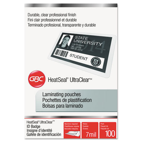 GBC® wholesale. Ultraclear Thermal Laminating Pouches, 7 Mil, 2.56" X 3.75", Gloss Clear, 100-box. HSD Wholesale: Janitorial Supplies, Breakroom Supplies, Office Supplies.