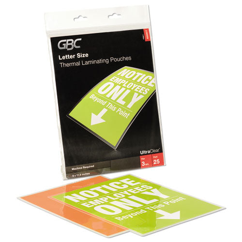GBC® wholesale. Ultraclear Thermal Laminating Pouches, 3 Mil, 9" X 11.5", Gloss Clear, 25-pack. HSD Wholesale: Janitorial Supplies, Breakroom Supplies, Office Supplies.