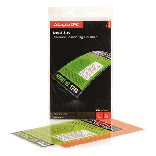 GBC® wholesale. Ultraclear Thermal Laminating Pouches, 3 Mil, 9" X 14.5", Gloss Clear, 25-pack. HSD Wholesale: Janitorial Supplies, Breakroom Supplies, Office Supplies.
