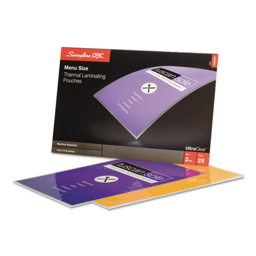 GBC® wholesale. Ultraclear Thermal Laminating Pouches, 3 Mil, 11.5" X 17.5", Gloss Clear, 25-pack. HSD Wholesale: Janitorial Supplies, Breakroom Supplies, Office Supplies.