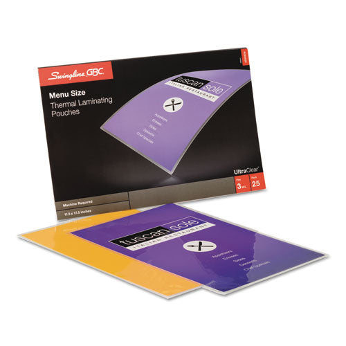 GBC® wholesale. Ultraclear Thermal Laminating Pouches, 3 Mil, 11.5" X 17.5", Gloss Clear, 25-pack. HSD Wholesale: Janitorial Supplies, Breakroom Supplies, Office Supplies.