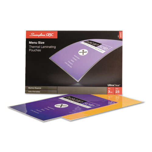 GBC® wholesale. Ultraclear Thermal Laminating Pouches, 3 Mil, 11.5" X 17.5", Gloss Clear, 25-pack. HSD Wholesale: Janitorial Supplies, Breakroom Supplies, Office Supplies.