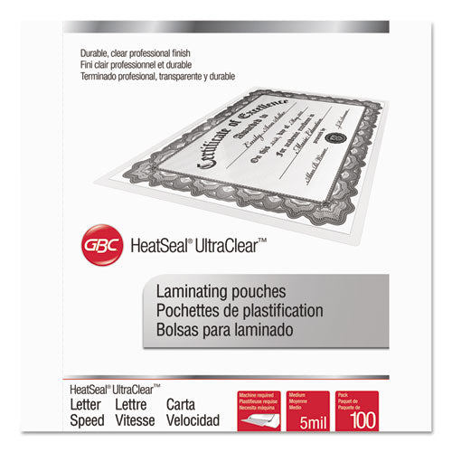 GBC® wholesale. Ultraclear Thermal Laminating Pouches, 5 Mil, 9" X 11.5", Gloss Clear, 100-box. HSD Wholesale: Janitorial Supplies, Breakroom Supplies, Office Supplies.