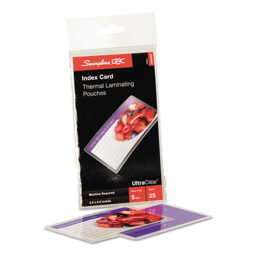 GBC® wholesale. Ultraclear Thermal Laminating Pouches, 5 Mil, 5.5" X 3.5", Gloss Clear, 25-pack. HSD Wholesale: Janitorial Supplies, Breakroom Supplies, Office Supplies.