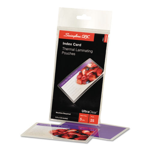 GBC® wholesale. Ultraclear Thermal Laminating Pouches, 5 Mil, 5.5" X 3.5", Gloss Clear, 25-pack. HSD Wholesale: Janitorial Supplies, Breakroom Supplies, Office Supplies.