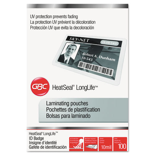 GBC® wholesale. Longlife Thermal Laminating Pouches, 10 Mil, 2.56" X 3.75", Gloss Clear, 100-box. HSD Wholesale: Janitorial Supplies, Breakroom Supplies, Office Supplies.