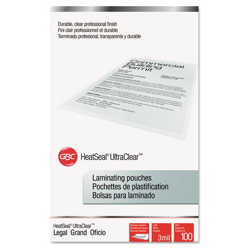 GBC® wholesale. Ultraclear Thermal Laminating Pouches, 3 Mil, 9" X 14.5", Gloss Clear, 100-pack. HSD Wholesale: Janitorial Supplies, Breakroom Supplies, Office Supplies.
