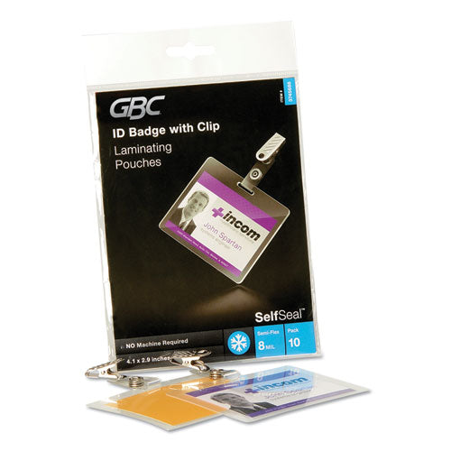 GBC® wholesale. Selfseal Self-adhesive Laminating Pouches And Single-sided Sheets, 8 Mil, 4.13" X 2.94", Gloss Clear, 10-pack. HSD Wholesale: Janitorial Supplies, Breakroom Supplies, Office Supplies.