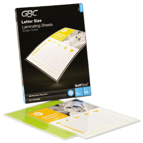 GBC® wholesale. Selfseal Self-adhesive Laminating Pouches And Single-sided Sheets, 3 Mil, 9" X 12", Gloss Clear, 50-pack. HSD Wholesale: Janitorial Supplies, Breakroom Supplies, Office Supplies.