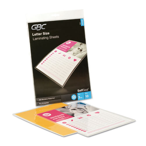 GBC® wholesale. Selfseal Self-adhesive Laminating Pouches And Single-sided Sheets, 3 Mil, 9" X 12", Gloss Clear, 10-pack. HSD Wholesale: Janitorial Supplies, Breakroom Supplies, Office Supplies.