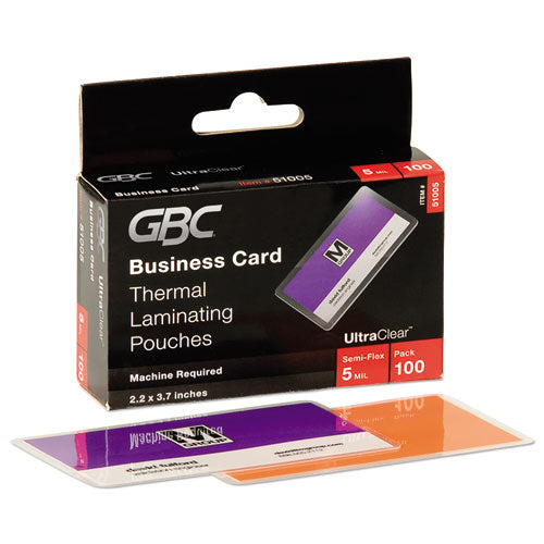 GBC® wholesale. Ultraclear Thermal Laminating Pouches, 5 Mil, 3.69" X 2.19", Gloss Clear, 100-box. HSD Wholesale: Janitorial Supplies, Breakroom Supplies, Office Supplies.