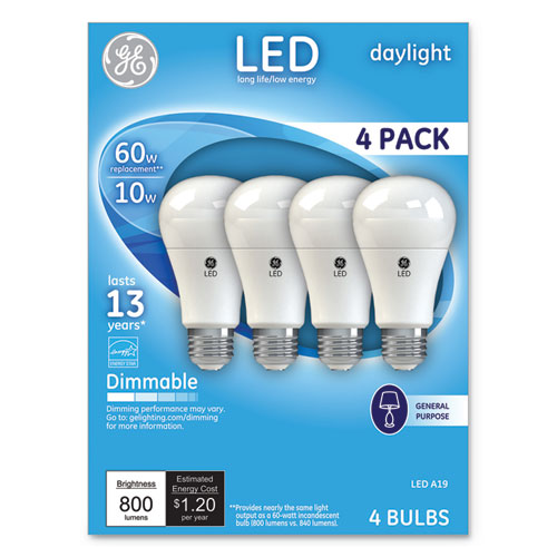 GE wholesale. Led Daylight A19 Dimmable Light Bulb, 10 W, 4-pack. HSD Wholesale: Janitorial Supplies, Breakroom Supplies, Office Supplies.