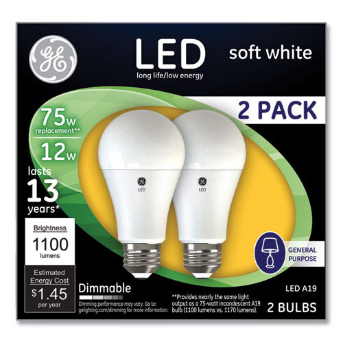 GE wholesale. 75w Led Bulbs, 12 W, A19 Bulb, Soft White, 2-pack. HSD Wholesale: Janitorial Supplies, Breakroom Supplies, Office Supplies.