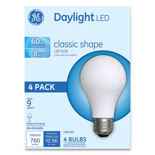 GE wholesale. Classic Led Daylight Non-dim A19 Light Bulb, 8 W, 4-pack. HSD Wholesale: Janitorial Supplies, Breakroom Supplies, Office Supplies.