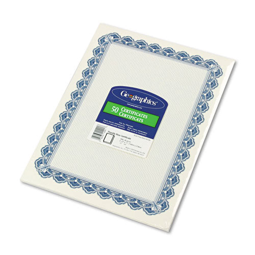 Geographics® wholesale. Parchment Paper Certificates, 8-1-2 X 11, Blue Royalty Border, 50-pack. HSD Wholesale: Janitorial Supplies, Breakroom Supplies, Office Supplies.