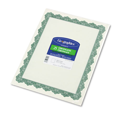 Geographics® wholesale. Parchment Paper Certificates, 8-1-2 X 11, Optima Green Border, 25-pack. HSD Wholesale: Janitorial Supplies, Breakroom Supplies, Office Supplies.
