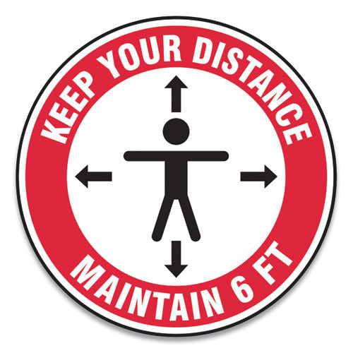 Accuform® wholesale. Slip-gard Social Distance Floor Signs, 12" Circle, "keep Your Distance Maintain 6 Ft", Human-arrows, Red-white, 25-pack. HSD Wholesale: Janitorial Supplies, Breakroom Supplies, Office Supplies.