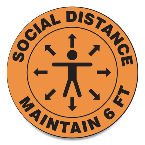 Accuform® wholesale. Slip-gard Social Distance Floor Signs, 12" Circle, "social Distance Maintain 6 Ft", Human-arrows, Orange, 25-pack. HSD Wholesale: Janitorial Supplies, Breakroom Supplies, Office Supplies.