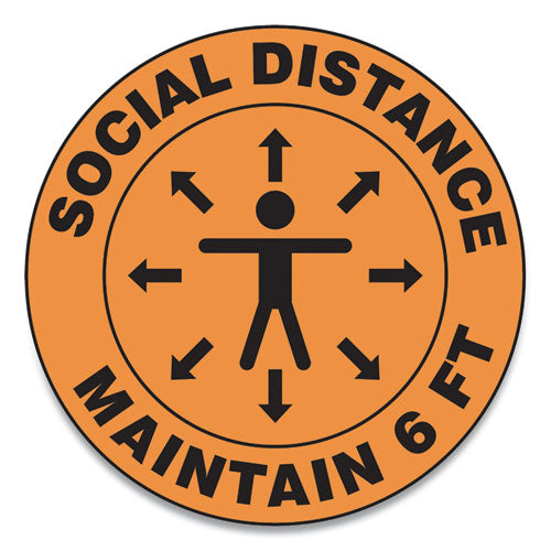 Accuform® wholesale. Slip-gard Social Distance Floor Signs, 17" Circle, "social Distance Maintain 6 Ft", Human-arrows, Orange, 25-pack. HSD Wholesale: Janitorial Supplies, Breakroom Supplies, Office Supplies.