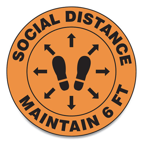 Accuform® wholesale. Slip-gard Social Distance Floor Signs, 12" Circle, "social Distance Maintain 6 Ft", Footprint, Orange, 25-pack. HSD Wholesale: Janitorial Supplies, Breakroom Supplies, Office Supplies.