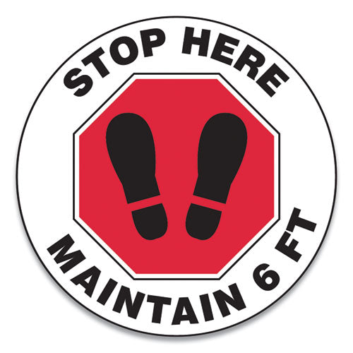 Accuform® wholesale. Slip-gard Social Distance Floor Signs, 12" Circle, "stop Here Maintain 6 Ft", Footprint, Red-white, 25-pack. HSD Wholesale: Janitorial Supplies, Breakroom Supplies, Office Supplies.