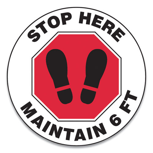 Accuform® wholesale. Slip-gard Social Distance Floor Signs, 17" Circle, "stop Here Maintain 6 Ft", Footprint, Red-white, 25-pack. HSD Wholesale: Janitorial Supplies, Breakroom Supplies, Office Supplies.