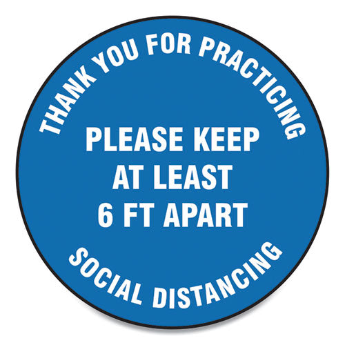 Accuform® wholesale. Slip-gard Floor Signs, 17" Circle, "thank You For Practicing Social Distancing Please Keep At Least 6 Ft Apart", Blue, 25-pk. HSD Wholesale: Janitorial Supplies, Breakroom Supplies, Office Supplies.